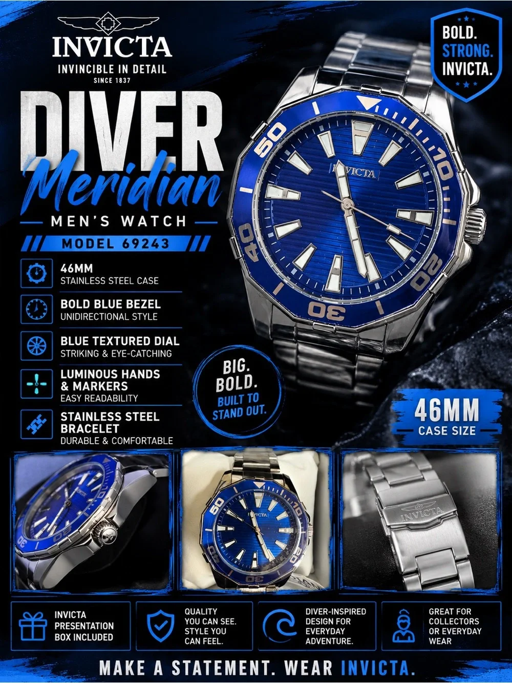 Invicta Diver Meridian Men’s Watch 46mm, 30m water resistant